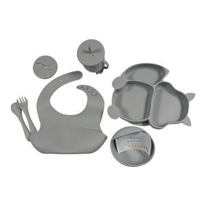 NEW Silicone Baby Feeding 8 Piece Set Baby Led Weaning Supplies Suction Gray Cup